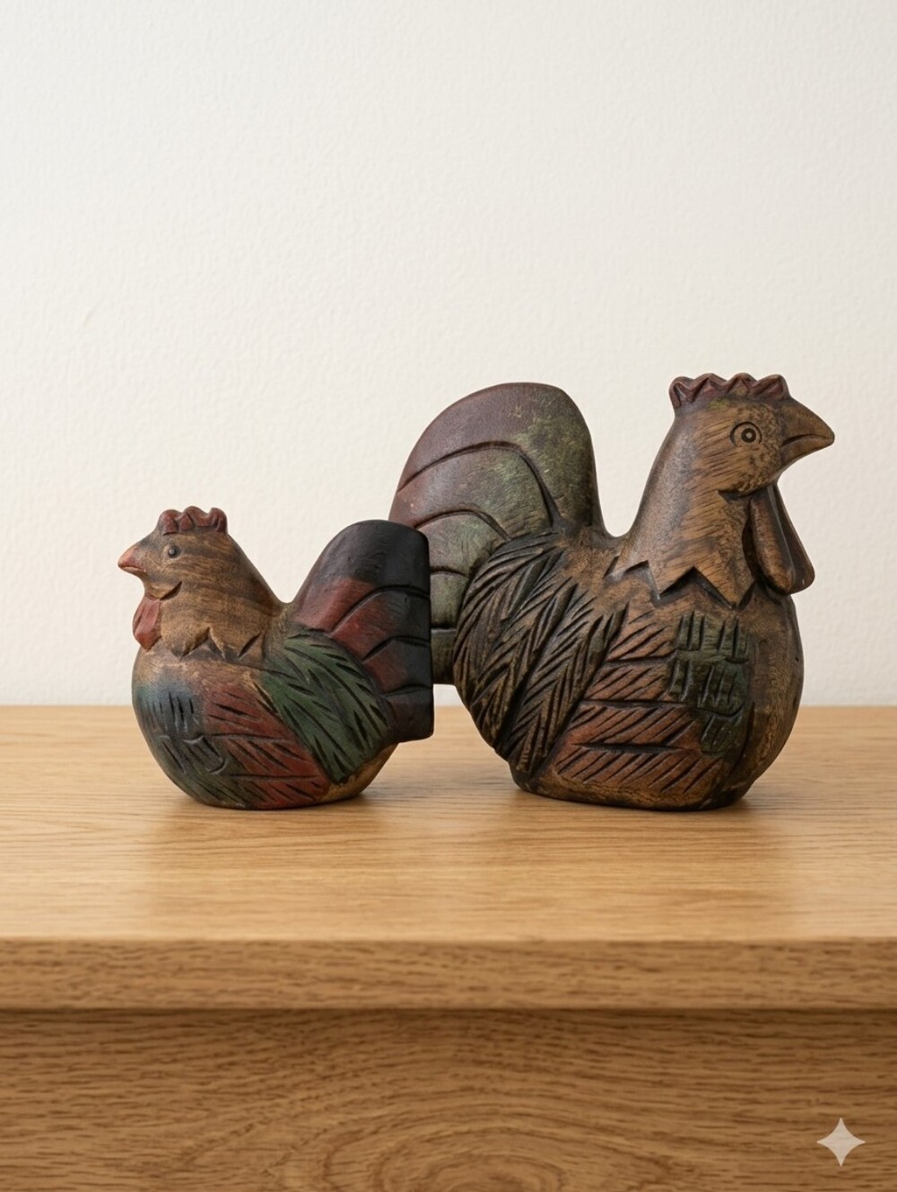 Vintage Hand‑Carved Wooden Rooster & Hen — Rustic Farmhouse Décor